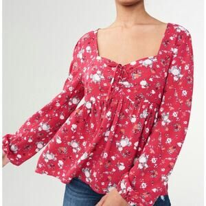 Aeropostale Tie Front Ruched Babydoll Peplum Blouse Top Size XL Red Floral Boho